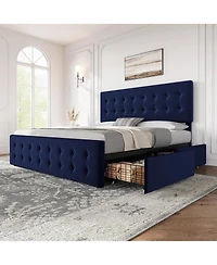 gaomon King Bed Frame With 4 Drawers Velvet Upholstered Headboard Button Design Wood Slats No Box Spring