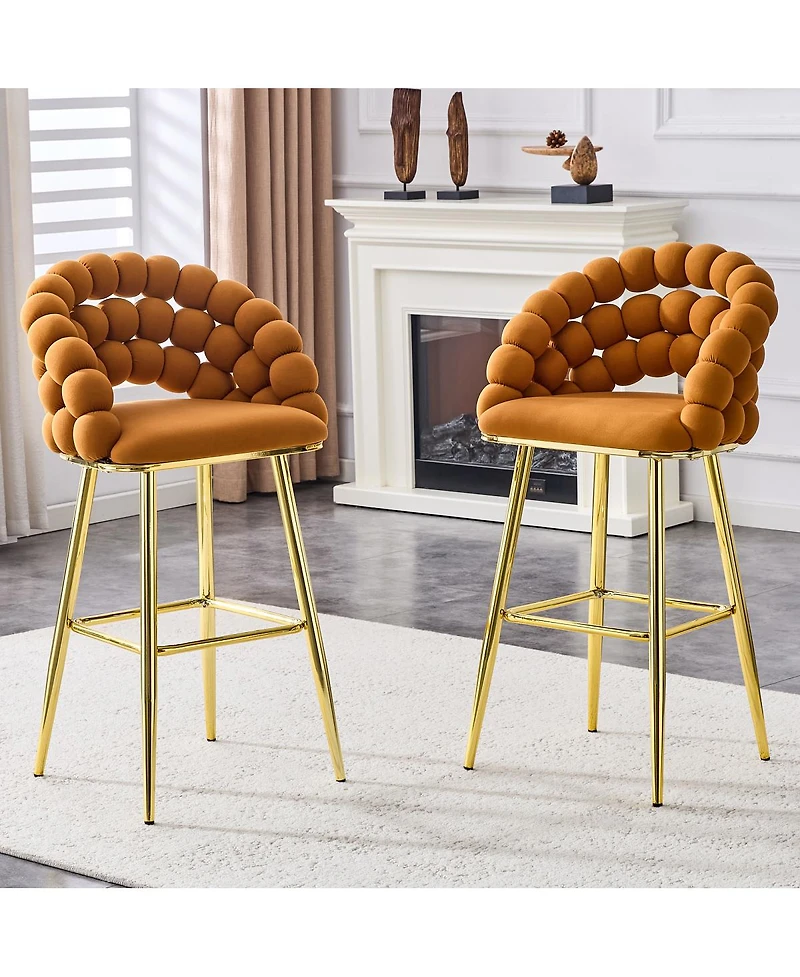 Streamdale Furniture Streamdale Set of 2 Orange Velvet Bubble Bar Stools with Gold Legs
