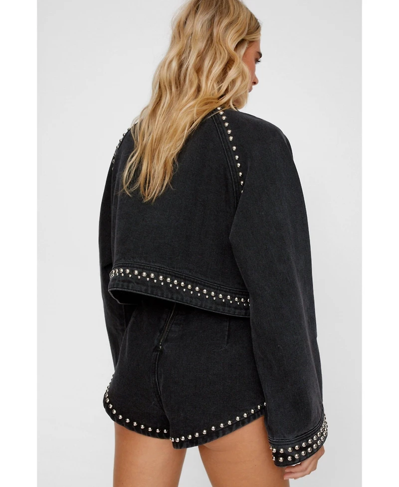 Nasty Gal Women's Heart Studded Cropped Denim Jacket