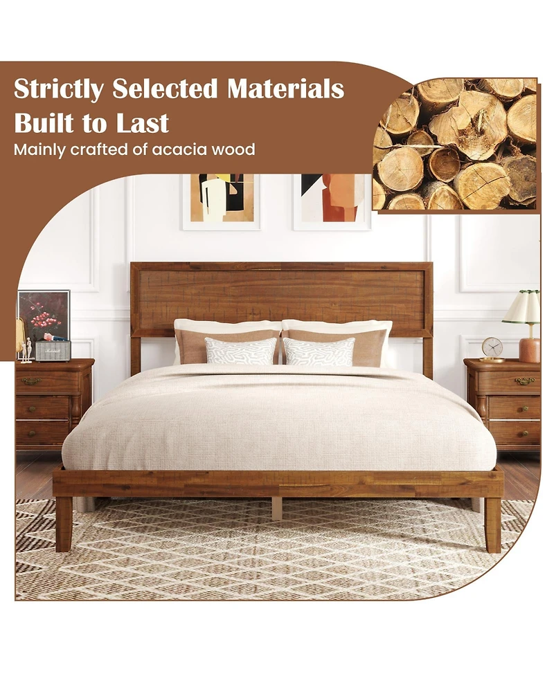 Sugift Platform Bed Frame with Headboard and Wooden Slat Support