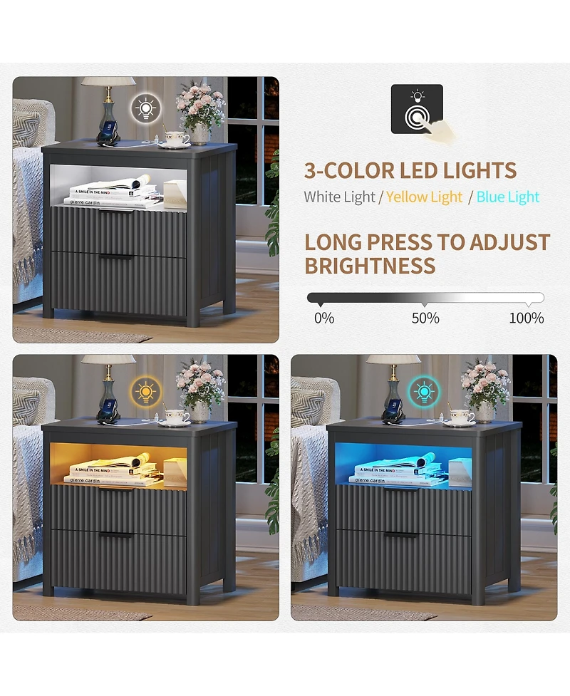 Vlsrka 24" Modern Led Nightstand with 3 Drawers and Charging Station