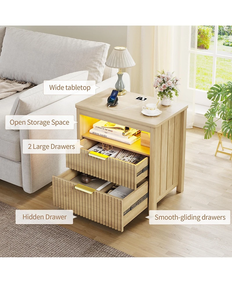 Vlsrka 24" Modern Led Nightstand with 3 Drawers and Charging Station