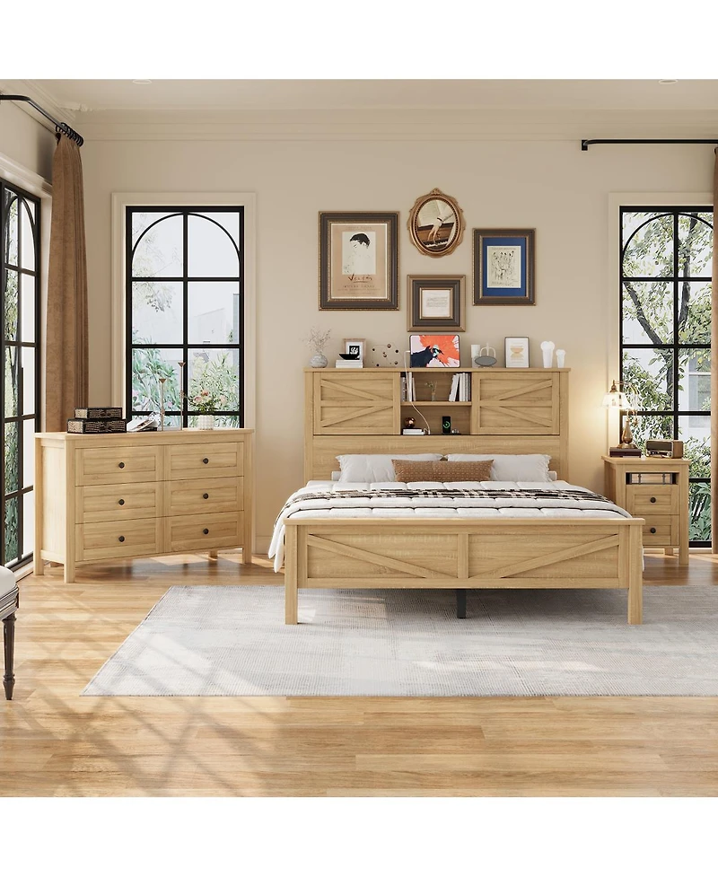 Streamdale Furniture 3-Piece Queen Farmhouse Bed Set w/ Storage Headboard, Nightstand & Dresser