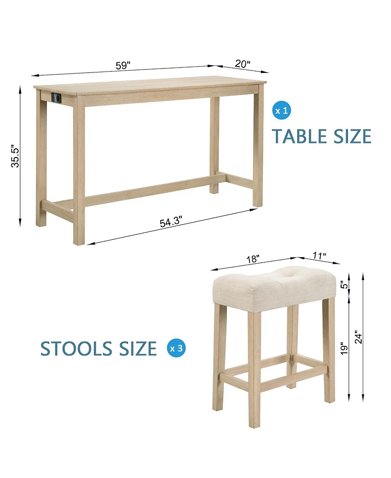 Streamdale Furniture Streamdale 4-Piece Bar Table Set with Power Outlet & 3 Padded Stools