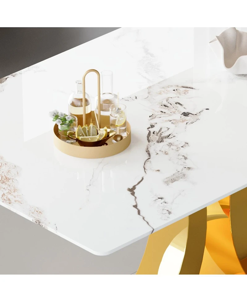 Streamdale Furniture Streamdale Marble-patterned glass dining set with gold accents: 63-inch foldable table & 4 armchairs
