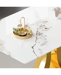 Streamdale Furniture Streamdale Marble-patterned glass dining set with gold accents: 63-inch foldable table & 4 armchairs