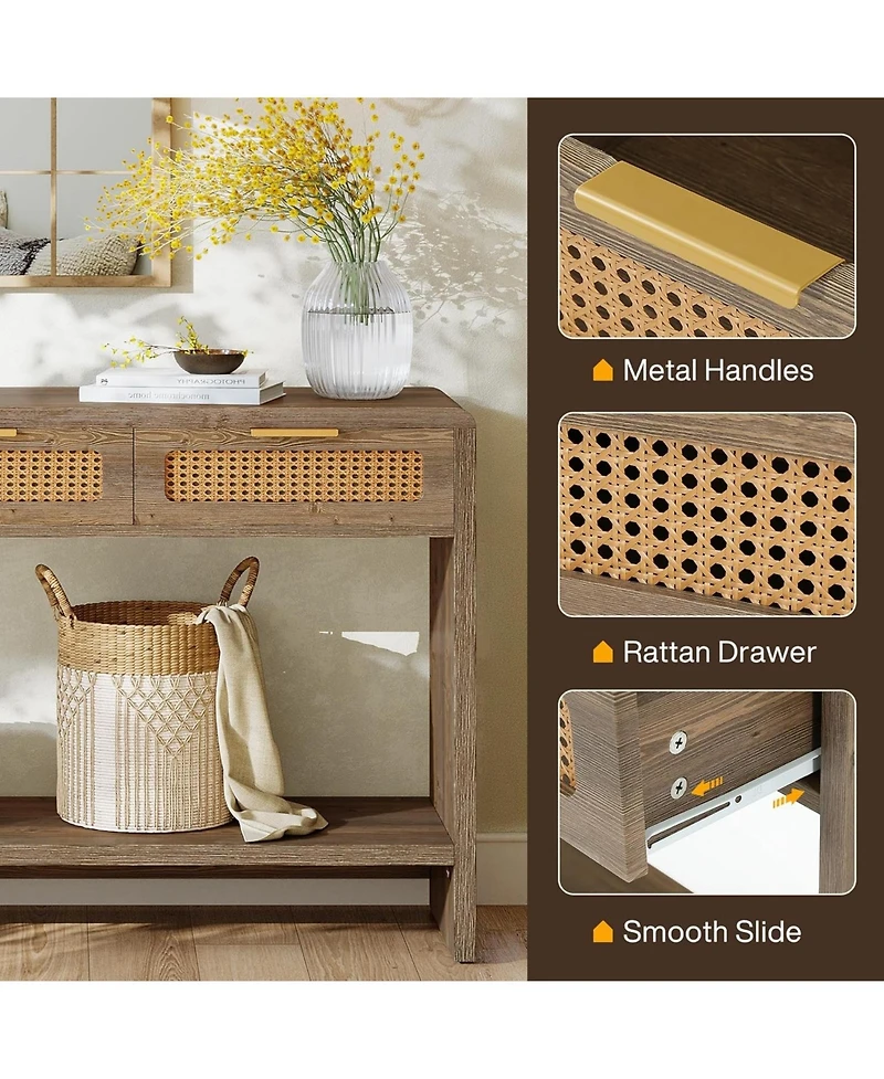 Tribesigns Entryway Table with 3 Rattan Drawers, Narrow Console Sofa Table with 2-Tier Open Storage Shelf