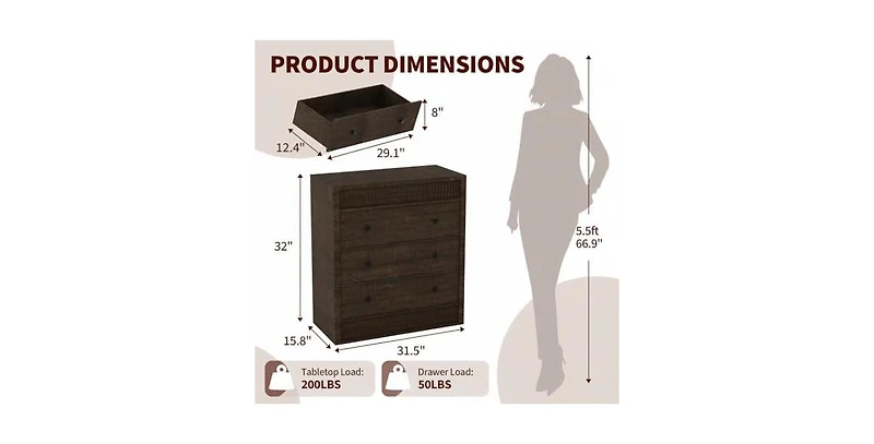 gaomon 3 Drawer Dresser for Bedroom, Fluted Chest of Drawers, Modern Wooden Nightstand Storage Cabinet