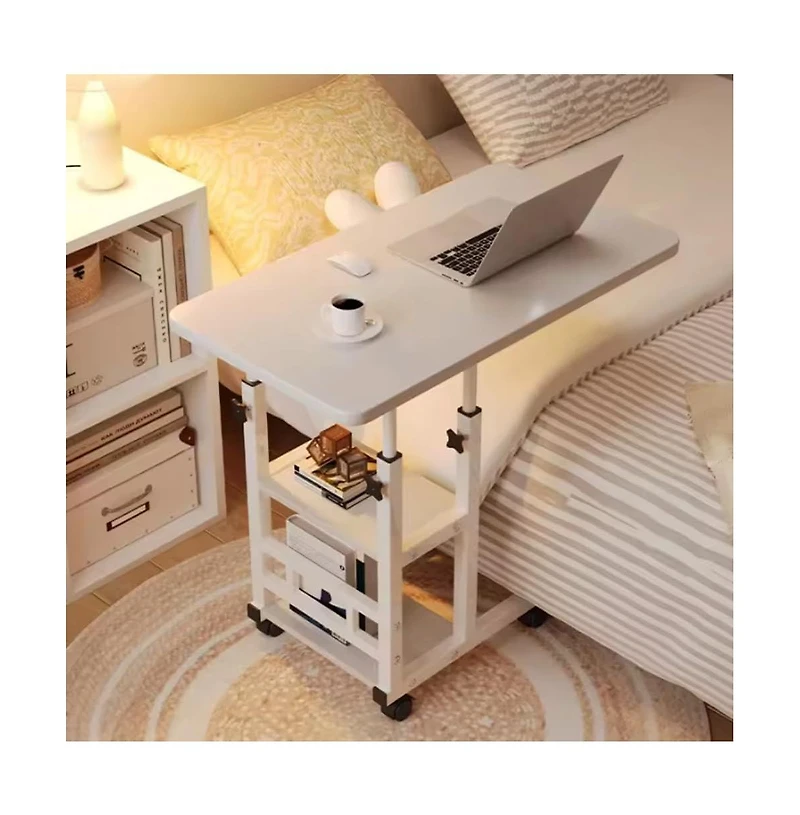 gaomon Adjustable Height C Table with Wheels, Overbed Table with Storage Shelves, Sofa Laptop Desk with Tilting Board
