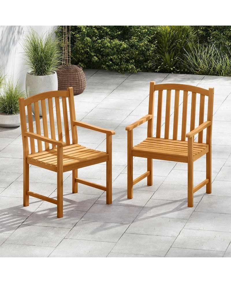 Gymax 2PCS Outdoor Dining Chairs Acacia Wood Slatted Patio Chairs w/ Inclined Backrest