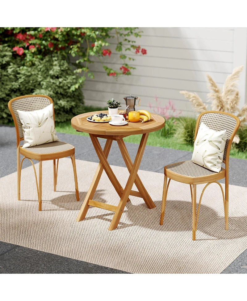 Gymax Patio Teak Wood Dining Table 27.5'' Round Side Table w/ Slatted Tabletop