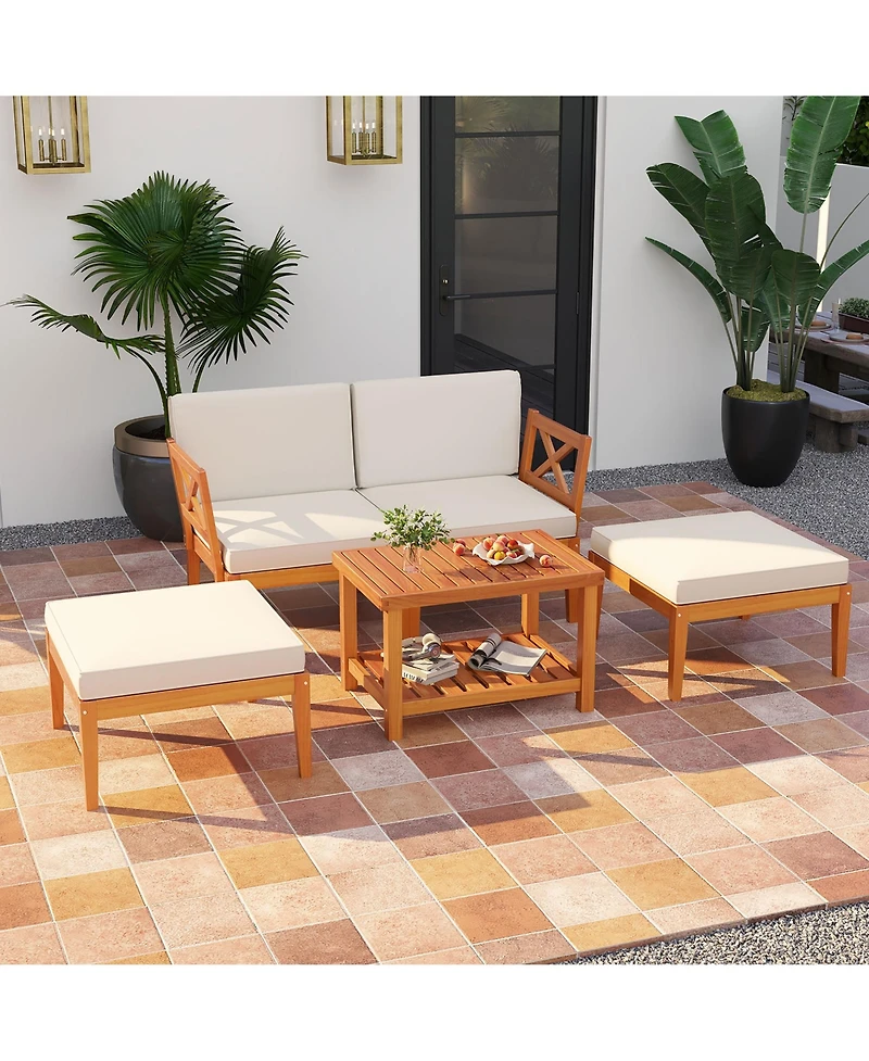 Gymax 5 Pcs Acacia Wood Patio Chaise Lounge Chair Set w/ 2-Tier Coffee Table Cushions