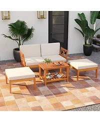 Gymax 5 Pcs Acacia Wood Patio Chaise Lounge Chair Set w/ 2-Tier Coffee Table Cushions