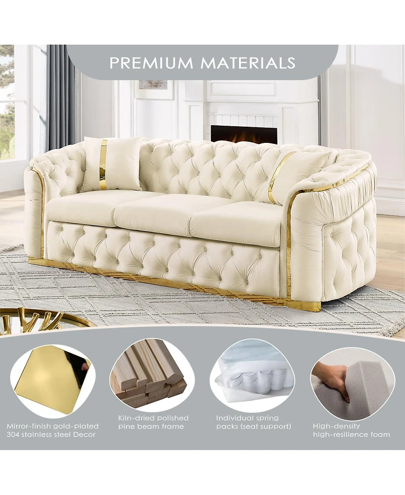 Streamdale Furniture 2PCS 90.6" Velvet Button Tufted Sofa Couch w/ 2 Pillows, 3 Seater Chesterfield Sofa Set