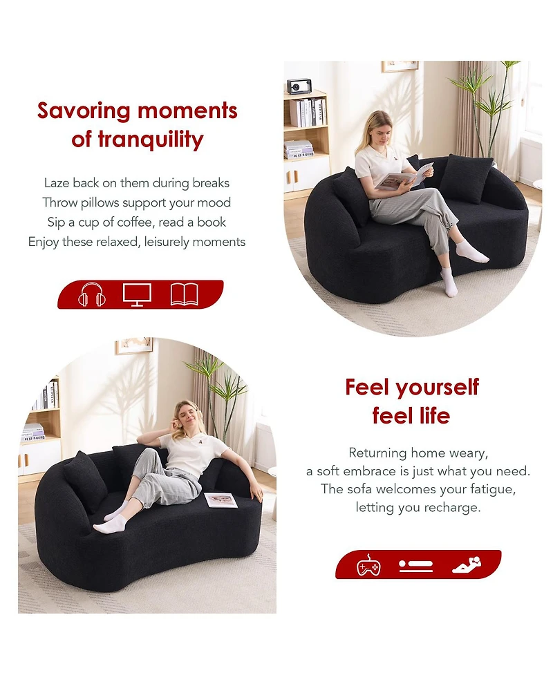 Streamdale Furniture Curved Boneless Sofa Loveseat, 2-Seater Black Chenille Couch with 3 Pillows