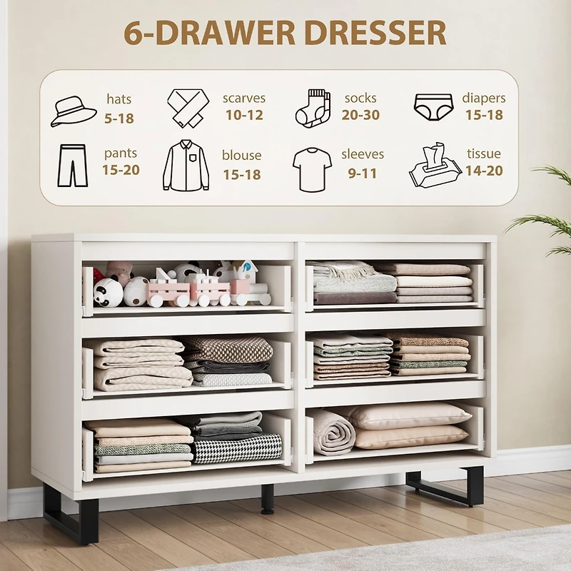 gaomon 6-Drawer Bedroom Dresser, 47.2" Wide Freestanding Wooden Storage Chest for Living Room & Entryway