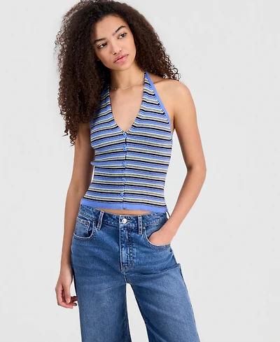 No Comment Juniors' Striped Halter-Neck Rib-Knit Vest