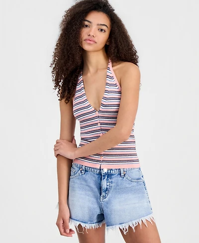 No Comment Juniors' Striped Halter-Neck Rib-Knit Vest