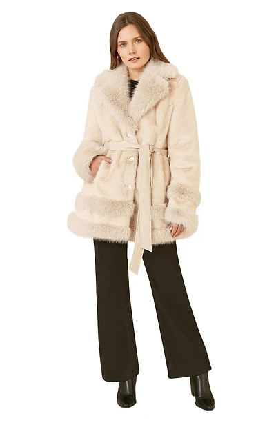 Yumi Women's Luxe Faux Fur Tie Belt Swing Coat