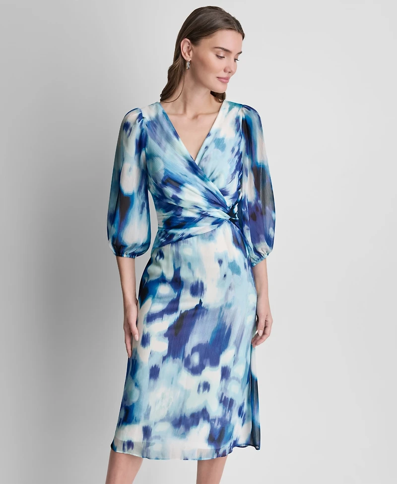 Dkny Women's 3/4-Balloon-Sleeve Surplice Neck Knot Front Midi Dress