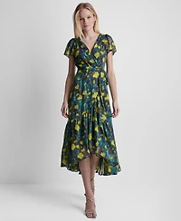 Dkny Women's Flutter-Sleeve Faux Wrap Ruffle Hem Midi Dress