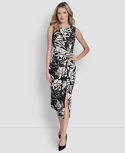 Dkny Women's Sleeveless Jewel Neck Side Knot Floral Midi Dress
