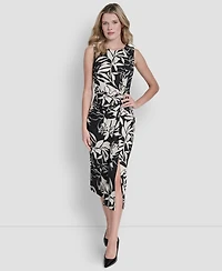 Dkny Women's Sleeveless Jewel Neck Side Knot Floral Midi Dress