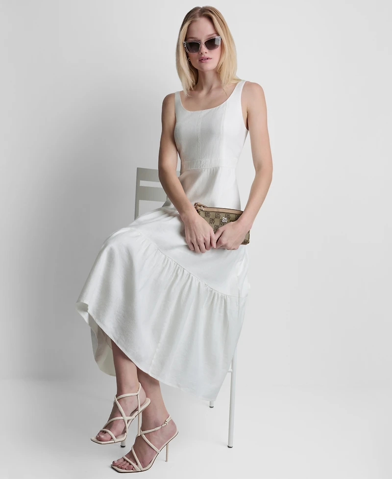 Dkny Women's Sleeveless Square Neck Tiered Linen Midi Dress