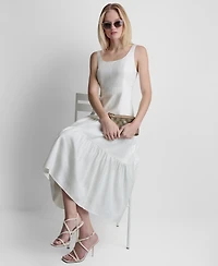 Dkny Women's Sleeveless Square Neck Tiered Linen Midi Dress