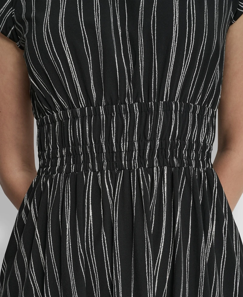 Dkny Women's Short Puff-Sleeve Striped Jewel Neck Midi Dress