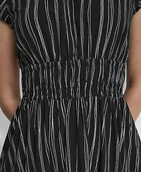 Dkny Women's Short Puff-Sleeve Striped Jewel Neck Midi Dress