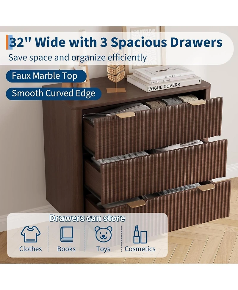 gaomon Modern Fluted Nightstand with Faux Marble Top and 3 Drawers