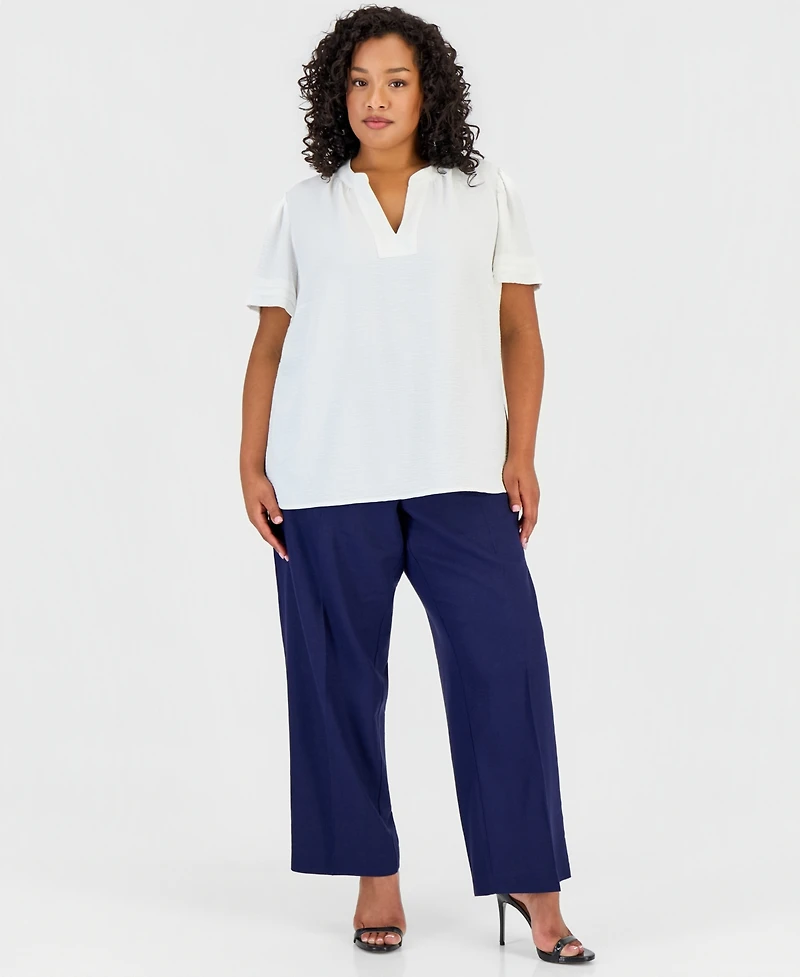 Jones New York Plus Split Neck Pleated-Cuff Top