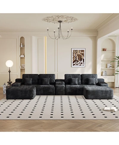 Streamdale Furniture 150" Sectional Sofa with 2 Ottomans, Black Corduroy, U-Shaped Couch