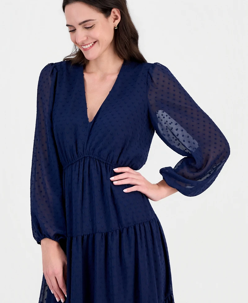 Robbie Bee Women's Long-Sleeve V-Neck Tiered Maxi Dress