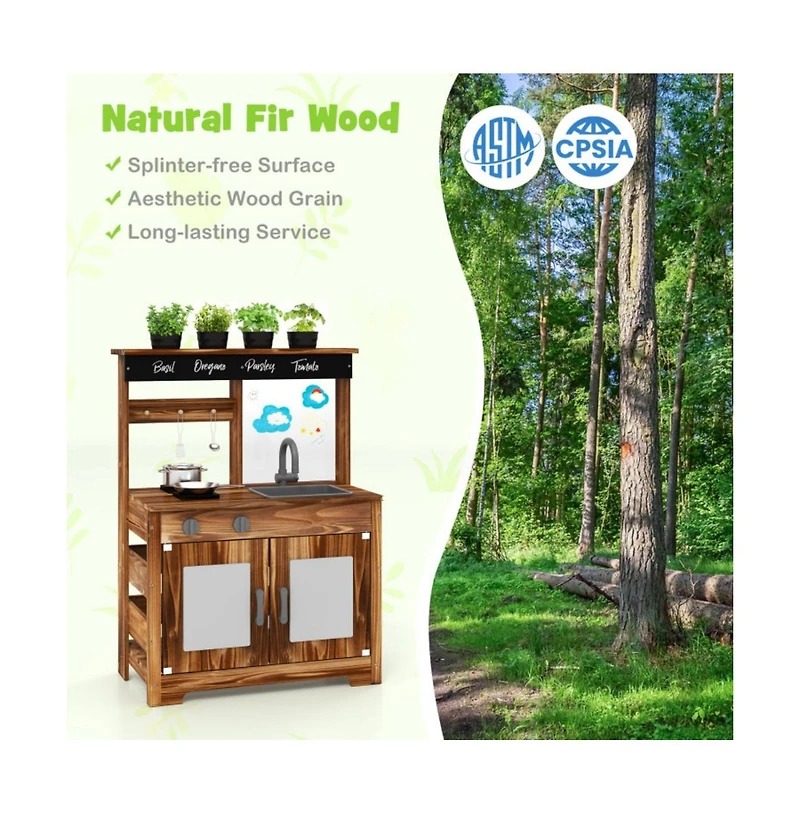 Hongge Mud Kitchen Fir Wood Play Kitchen with 4 Panting Pots Faucet Removable Sink