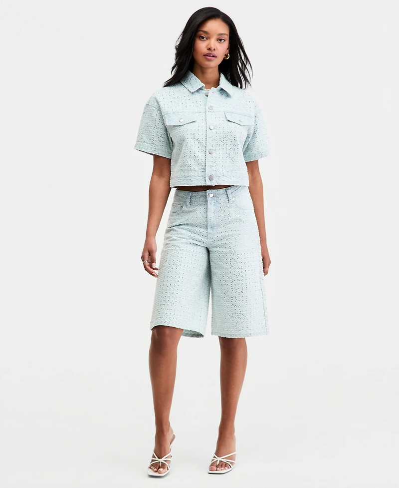 Bar Iii Women's Sequin Destructed Denim Short-Sleeve Shirt, Macy's Exclusive
