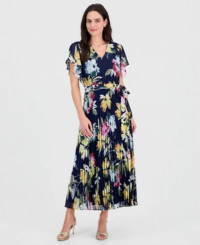 Robbie Bee Women's Flutter-Sleeve Pleated Maxi Dress