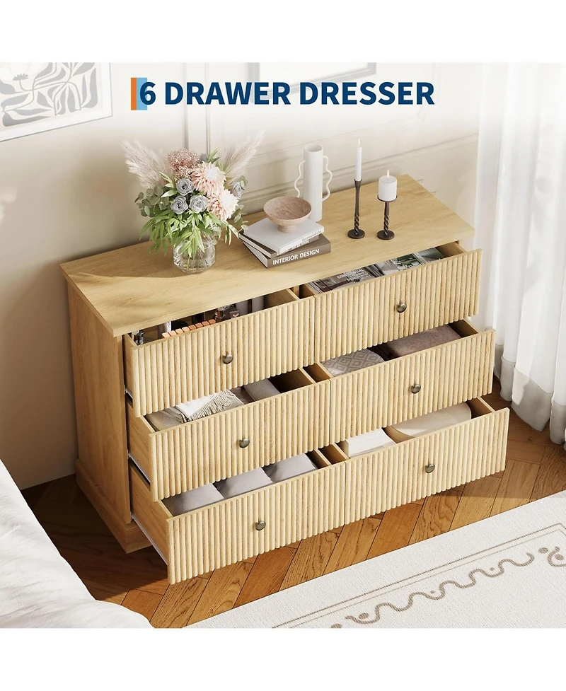 gaomon 6 Drawer Dresser for Bedroom, Fluted Horizontal Chest of Drawers