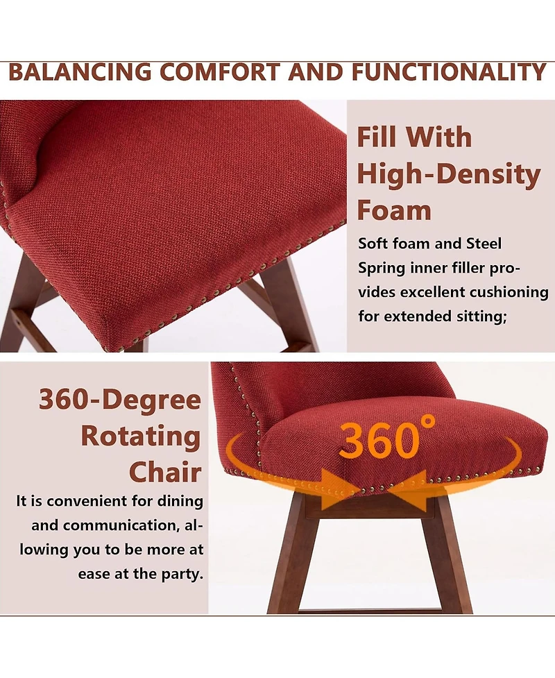 Rainsken Swivel Bar Stools Set of 2, Modern Upholstered Counter Height Chairs with Wooden Legs and Nailhead Trim for Kitchen Island