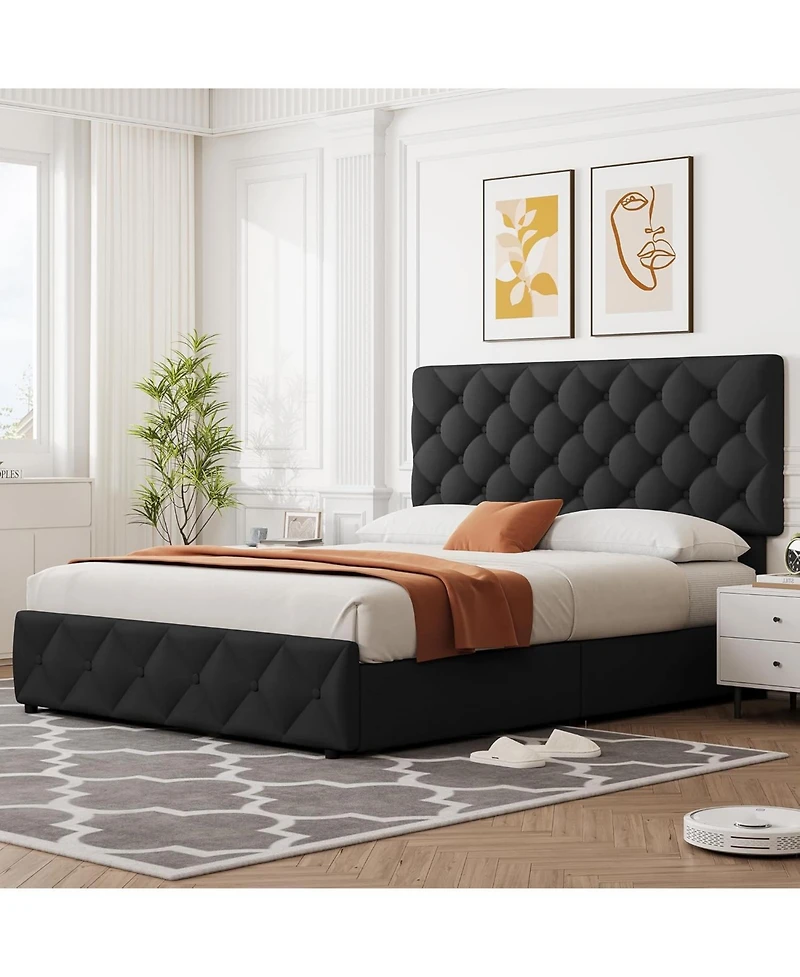 gaomon King Size Bed Frame with 4 Storage Drawers, Linen Upholstered Headboard/Footboard, Diamond Tufted