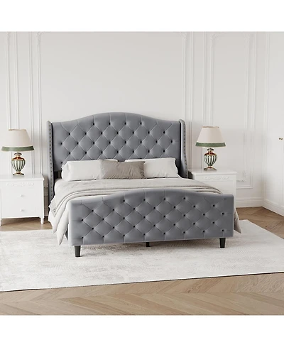 gaomon Queen Bed Frame with Upholstered Velvet Headboard, Tufted & Nailhead Trim, Wingback Design, Noise Free