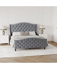 gaomon Queen Bed Frame with Upholstered Velvet Headboard, Tufted & Nailhead Trim, Wingback Design, Noise Free