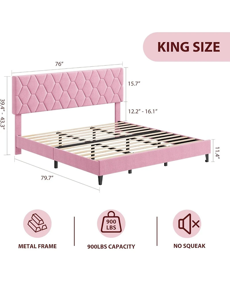 gaomon King Bed Frame Adjustable Headboard Upholstered Platform Wood Slats No Box Spring Easy Assembly