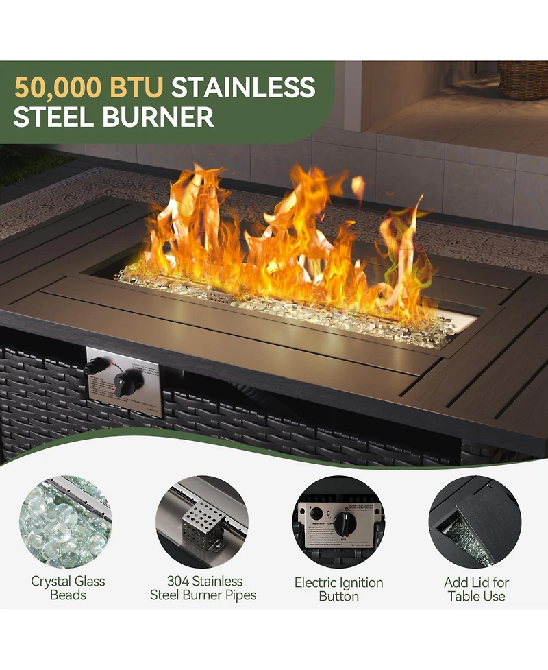 Aoxun 7-Piece Black Wicker Outdoor Sectional Sofa Set with Gray Cushions with 44" Propane Fire Pit Table