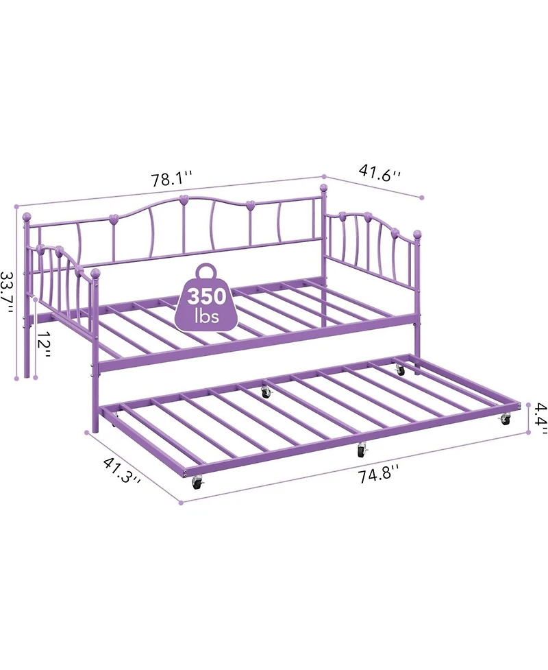 gaomon Twin Daybed with Trundle, Metal Sofa Bed Frame with Steel Slat Support, Love Heart Design, No Box Spring