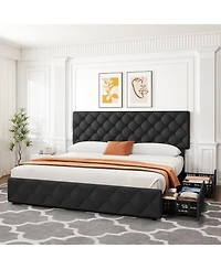 gaomon Bed Frame 4 Drawers Adjustable Headboard Linen Upholstered Diamond Tuft No Box Spring