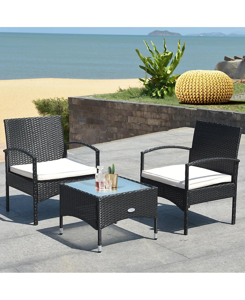 3 Pcs Furniture Set Table & 2 Chair Patio Wicker Rattan W/Cushion