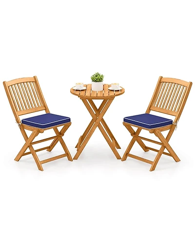 3PCS Patio Folding Wooden Bistro Set Cushioned Chair Conversation