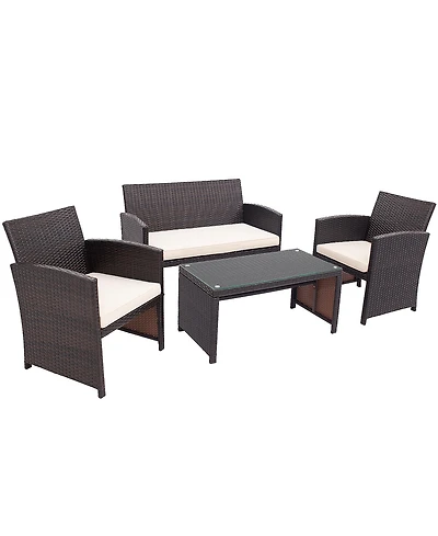 4PCS Patio Rattan Furniture Set Cushioned Chair Sofa Coffee Table